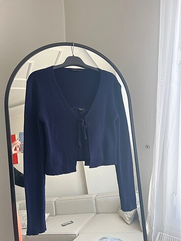 İkili lacivert askılı bluz ve hırka takımı