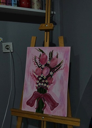 Pembe Çiçekli El Boyaması Tablo