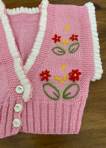 Pembe Nakışlı Kız Çocuk Triko Yelek - Görsel 2