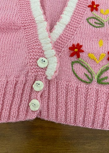 Pembe Nakışlı Kız Çocuk Triko Yelek - Görsel 3