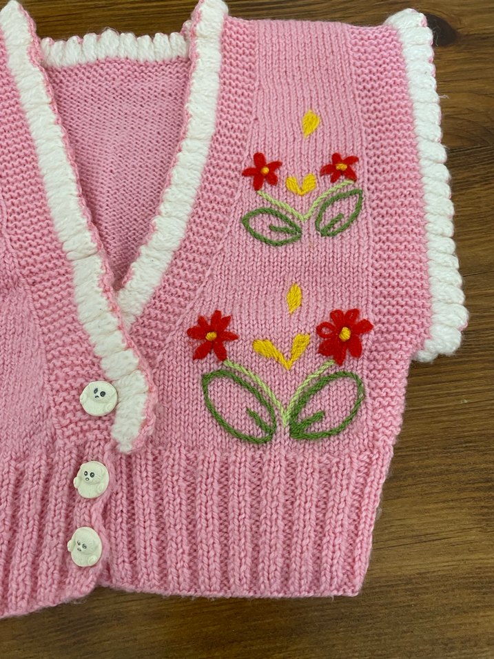 Pembe Nakışlı Kız Çocuk Triko Yelek - Görsel 2