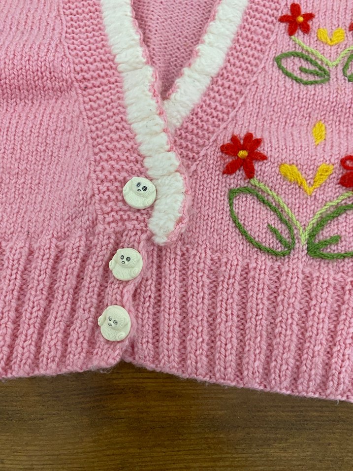 Pembe Nakışlı Kız Çocuk Triko Yelek - Görsel 3