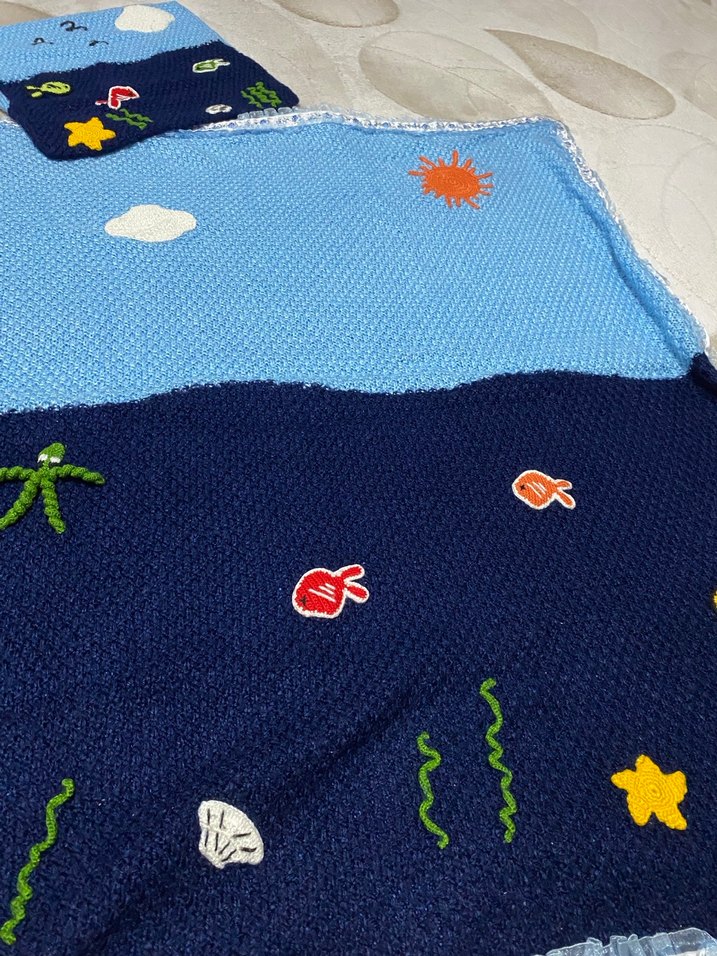 Nakışlı Mavi Örgü Çocuk Battaniyesi - Görsel 4