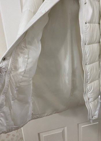 Beyaz Midi Kadın Kapüşonlu Mont - Görsel 7