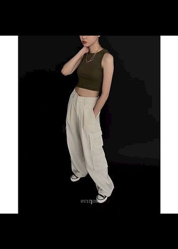 Kadın Haki Midi Bol Kesim Street Style Kot