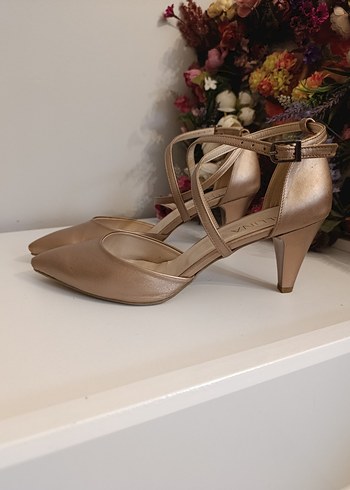 Bej Saten Tokalı Yüksek Topuklu Kadın Ayakkabı - Görsel 2