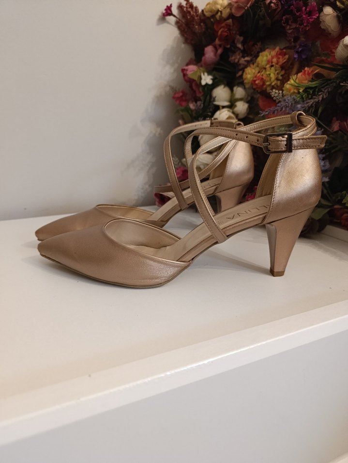 Bej Saten Tokalı Yüksek Topuklu Kadın Ayakkabı - Görsel 2