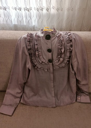 Bej Kadın Keten Fırfırlı Vintage Gömlek - Görsel 2