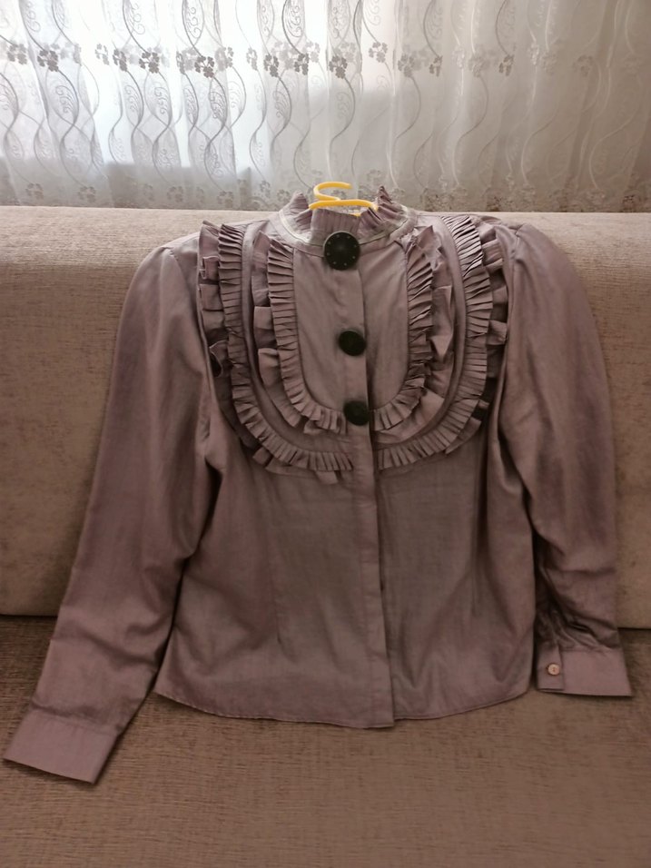 Bej Kadın Keten Fırfırlı Vintage Gömlek - Görsel 2