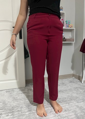 Bordo Midi Kumaş Kadın Pantolon - Görsel 3