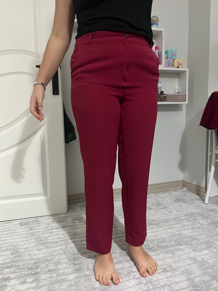 Bordo Midi Kumaş Kadın Pantolon - Görsel 3