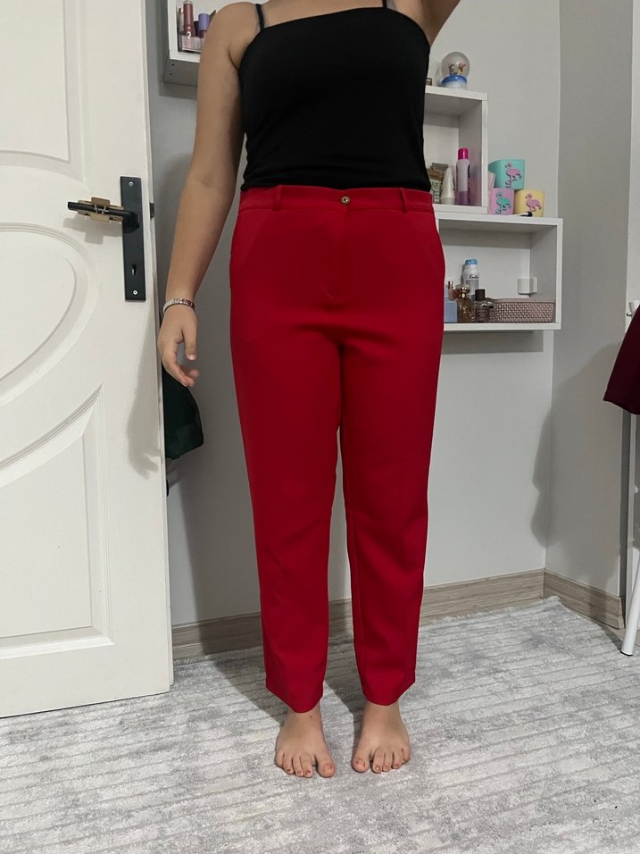 Koyu Kırmızı Midi Kadın Kumaş Pantolon - Görsel 3