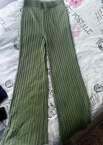 Kadın Yeşil Triko Piliseli Salaş Pantolon - Görsel 3