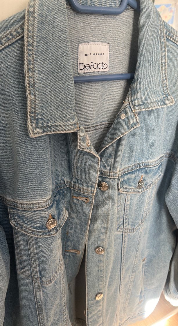 Kadın Mavi Denim Ceket, Düğmeli, Salaş Kesim - Görsel 3