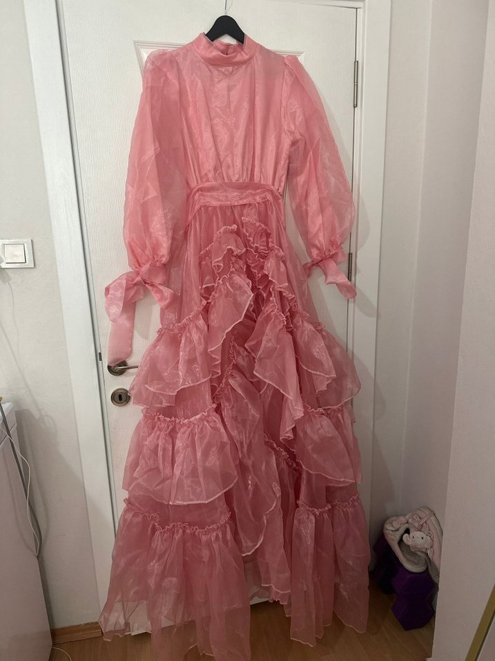 Pembe Uzun Kollu Fırfırlı Bohem Elbise - Görsel 3