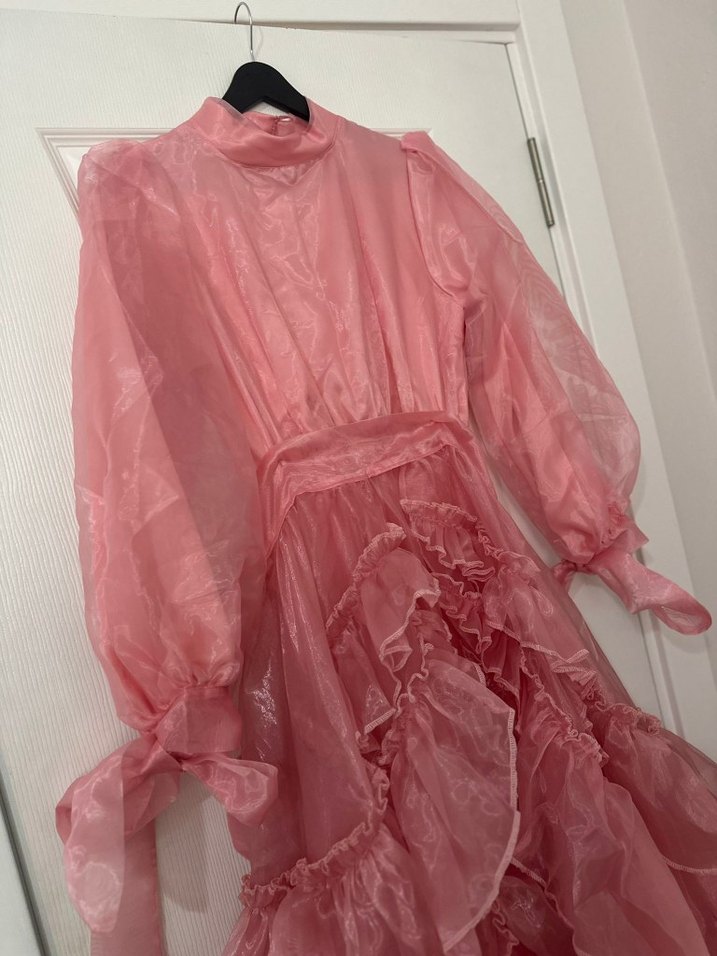 Pembe Uzun Kollu Fırfırlı Bohem Elbise - Görsel 2