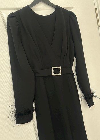 Kürk Detaylı Siyah Uzun Kadın Elbise - Görsel 4