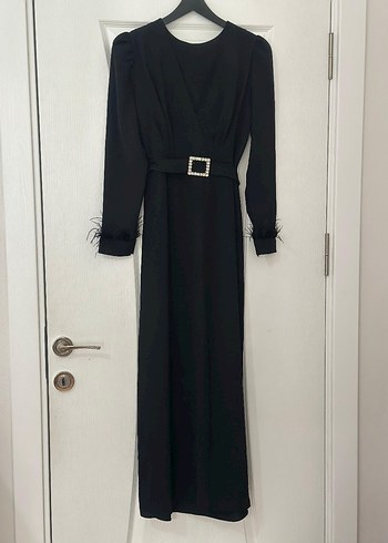 Kürk Detaylı Siyah Uzun Kadın Elbise - Görsel 5