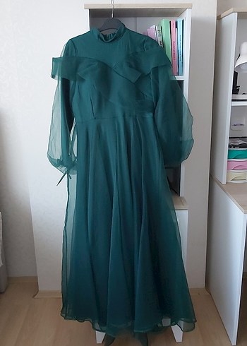 38 Beden Yeşil Uzun Kollu Vintage Kadın Abiye Elbise