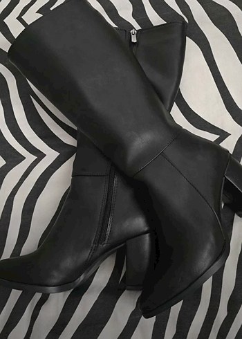 Siyah Deri Diz Üstü Stiletto Çizme - Görsel 2