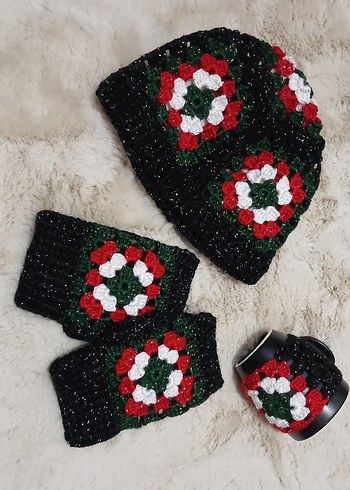 Renkli Örgü  Kadın Bere Eldiveni Kupa Bardak set - Görsel 3