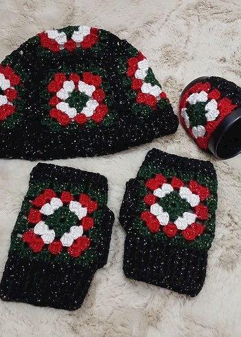 Renkli Örgü  Kadın Bere Eldiveni Kupa Bardak set - Görsel 6