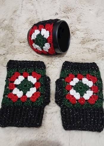 Renkli Örgü  Kadın Bere Eldiveni Kupa Bardak set - Görsel 5