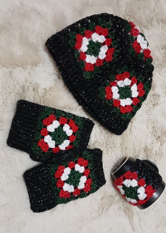 Renkli Örgü  Kadın Bere Eldiveni Kupa Bardak set - Görsel 3