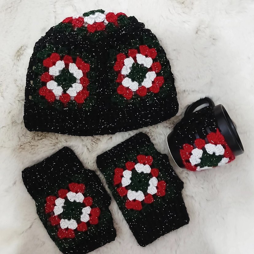 Renkli Örgü  Kadın Bere Eldiveni Kupa Bardak set - Görsel 2