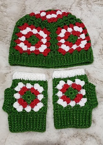 Renkli Örgü Kadın Eldiven ve Bere Seti - Görsel 5