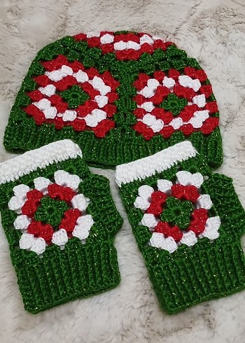 Renkli Örgü Kadın Eldiven ve Bere Seti - Görsel 2