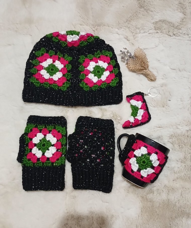 Renkli Örgü Bohem Bere Kadın Eldiveni - Görsel 5