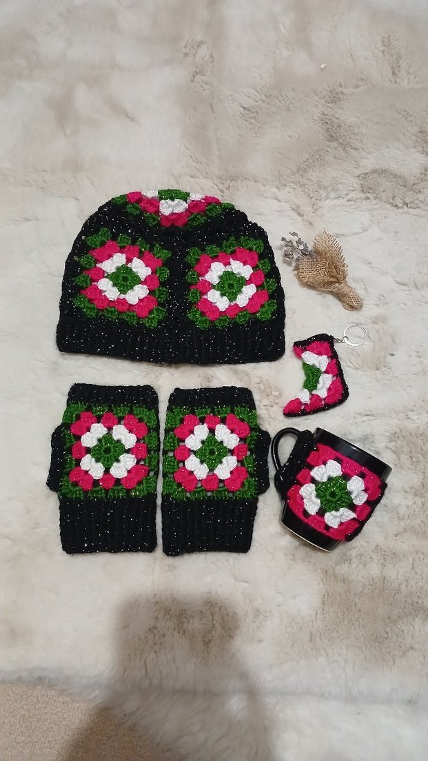 Renkli Örgü Bohem Bere Kadın Eldiveni - Görsel 3