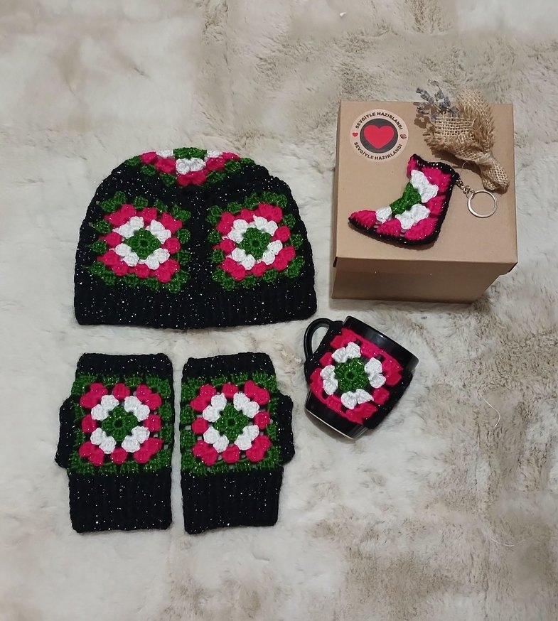 Renkli Örgü Bohem Bere Kadın Eldiveni - Görsel 4