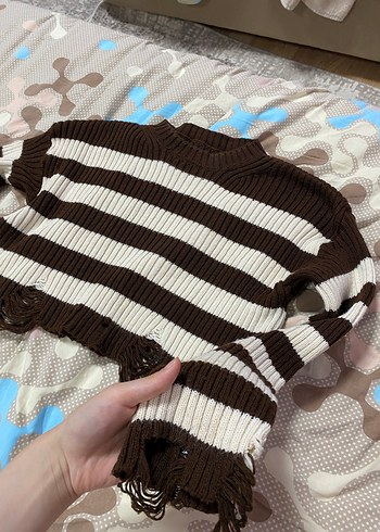 Çizgili Kahverengi Triko Kadın Kazak - Görsel 3