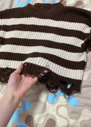 Çizgili Kahverengi Triko Kadın Kazak - Görsel 5