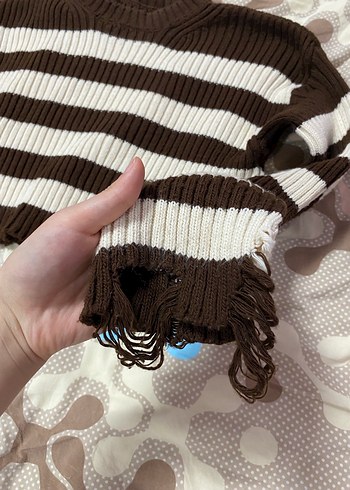 Çizgili Kahverengi Triko Kadın Kazak - Görsel 2