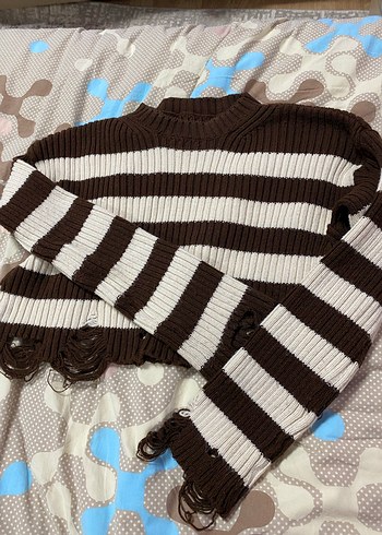 Çizgili Kahverengi Triko Kadın Kazak - Görsel 4