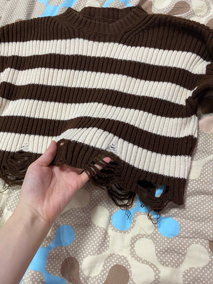 Çizgili Kahverengi Triko Kadın Kazak - Görsel 5