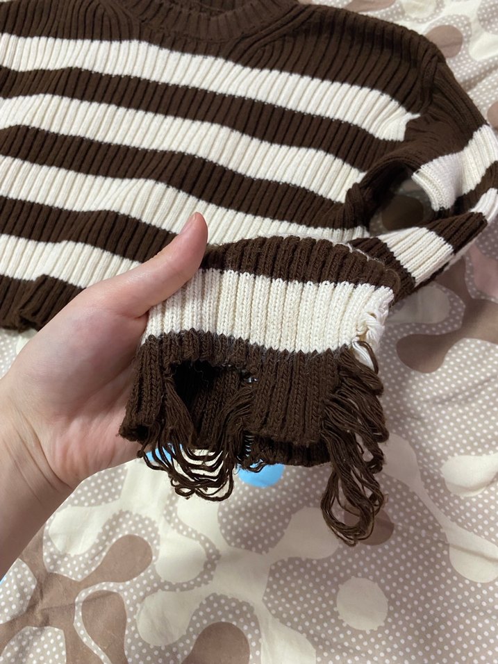 Çizgili Kahverengi Triko Kadın Kazak - Görsel 2