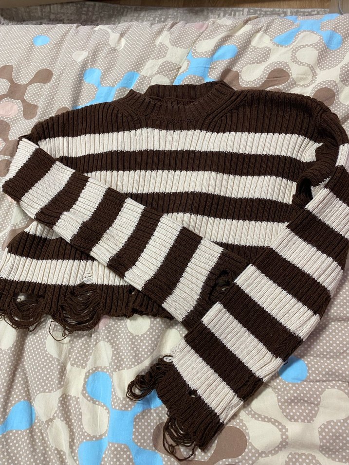 Çizgili Kahverengi Triko Kadın Kazak - Görsel 4