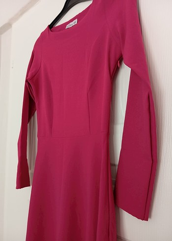 Drapeli Pembe Uzun Kollu Uzun Elbise - Görsel 2