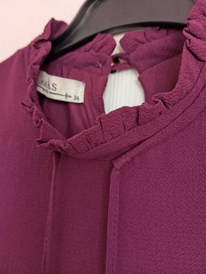 Mor Uzun Kollu Fırfırlı Bohem Elbise - Görsel 5