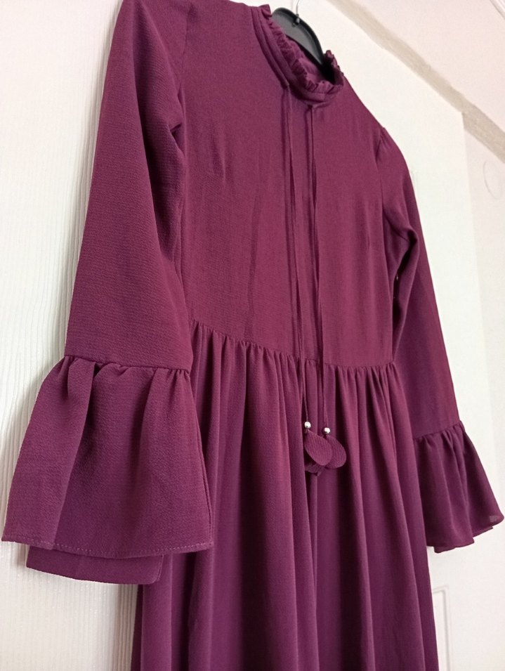 Mor Uzun Kollu Fırfırlı Bohem Elbise - Görsel 4