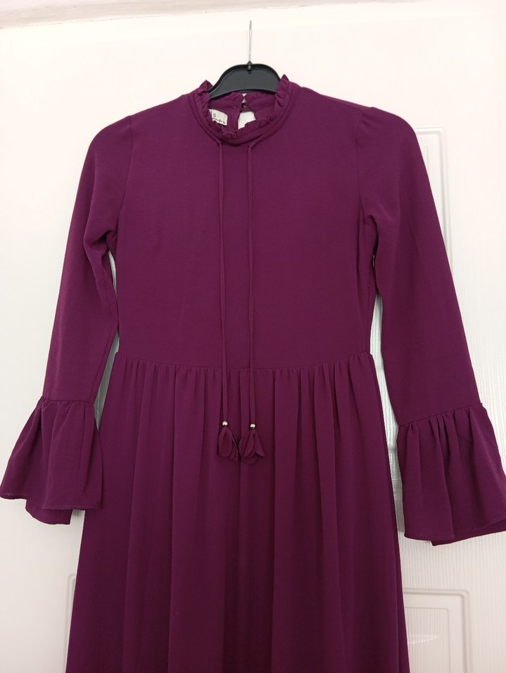 Mor Uzun Kollu Fırfırlı Bohem Elbise - Görsel 2