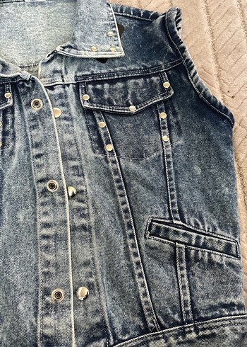 m Beden Düğmeli Kolsuz Gri Mavi Denim Ceket