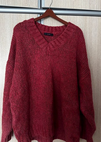 Bordo V Yaka Örgü Kadın Kazak - Görsel 4