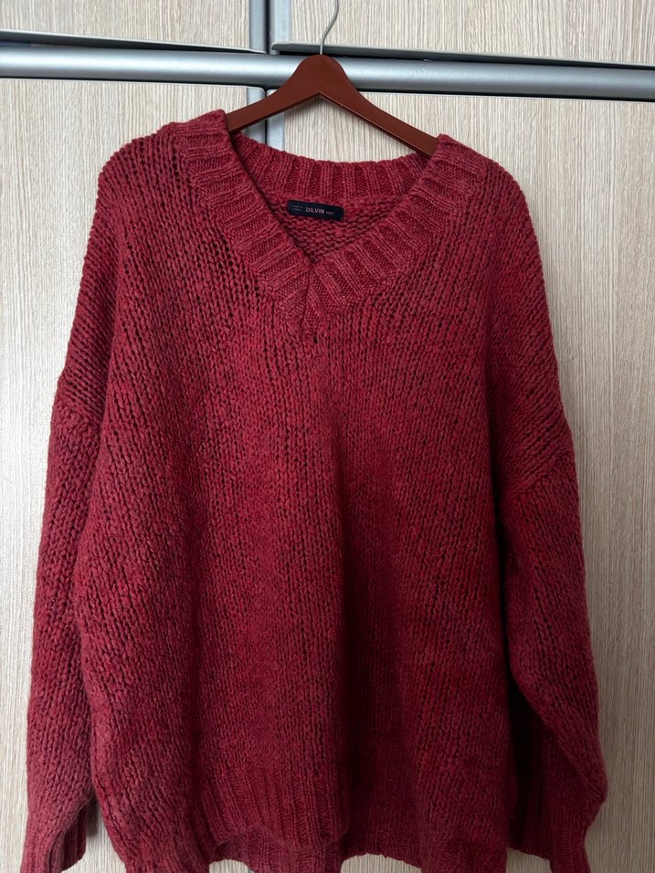 Bordo V Yaka Örgü Kadın Kazak - Görsel 4