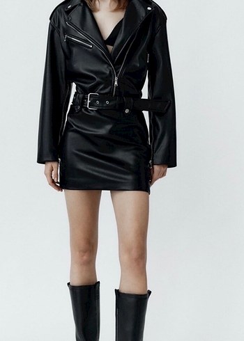 Kadın Siyah Deri Kemerli Biker elbise - Görsel 4