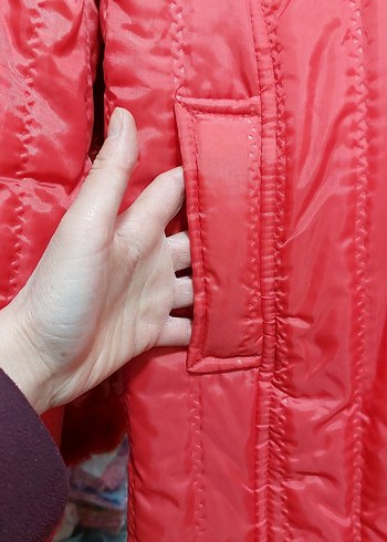 Kırmızı Kadın Uzun Kaban Kürklü - Görsel 7